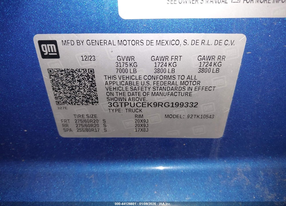 2024 GMC SIERRA 1500 4WD  SHORT BOX ELEVATION WITH 3SB VIN: 3GTPUCEK9RG199332