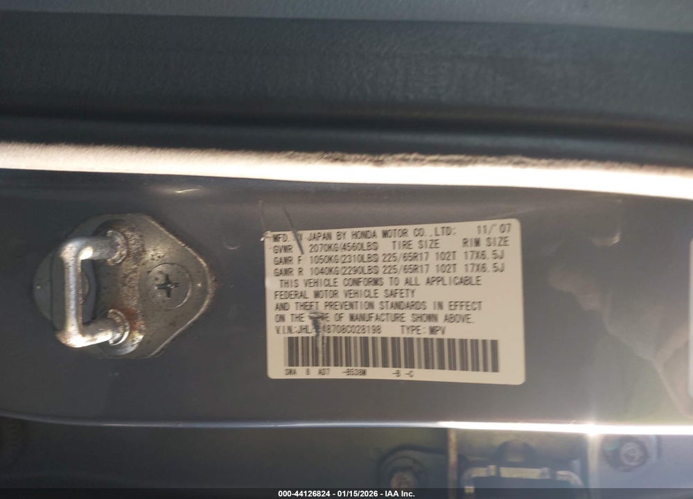 2008 HONDA CR-V EX-L VIN: JHLRE48708C028198