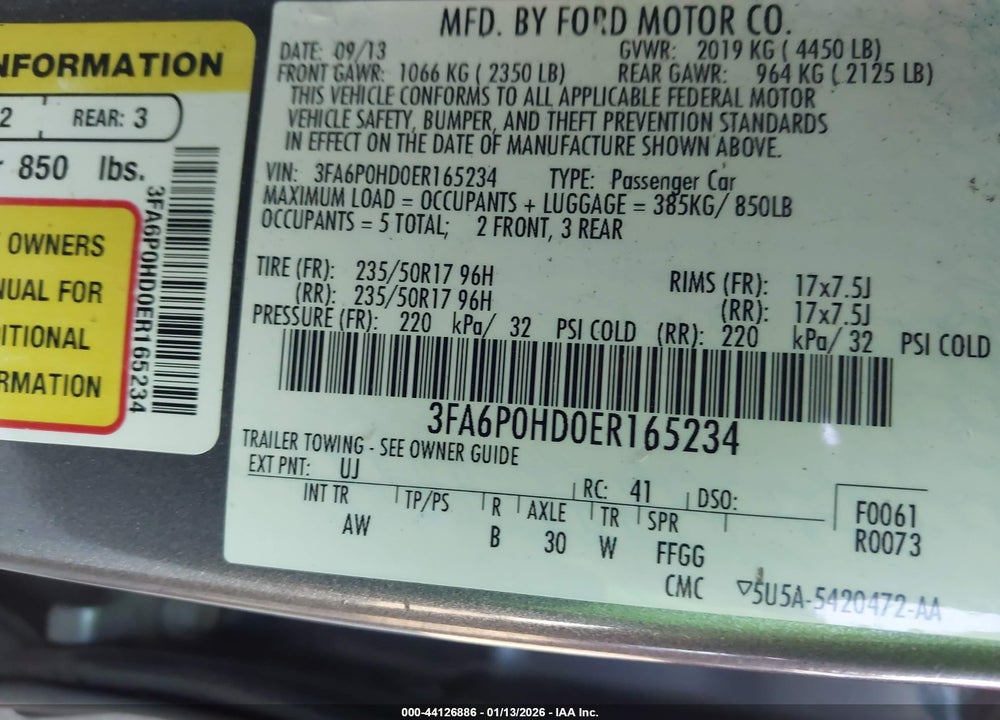 2014 FORD FUSION SE VIN: 3FA6P0HD0ER165234
