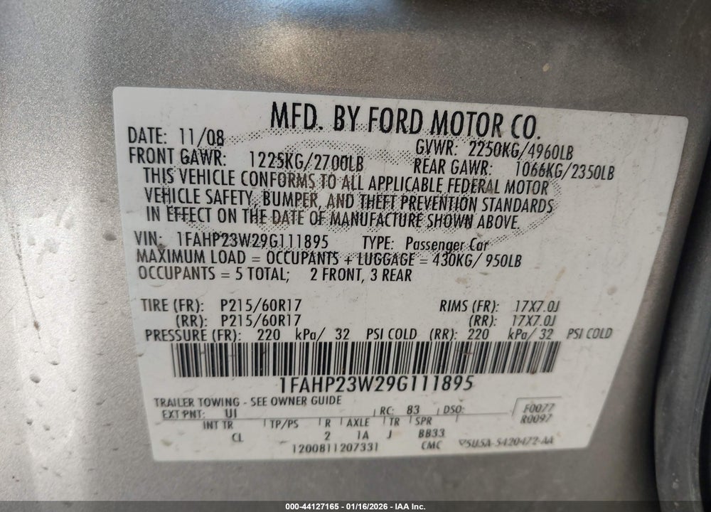 2009 FORD TAURUS SE VIN: 1FAHP23W29G111895