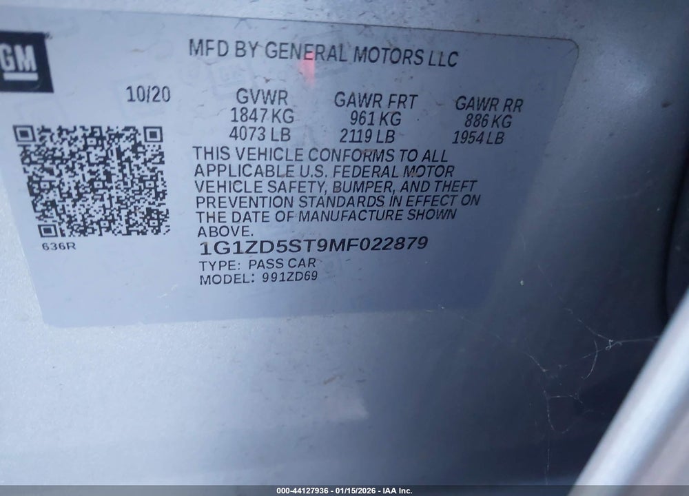 2021 CHEVROLET MALIBU LT VIN: 1G1ZD5ST9MF022879