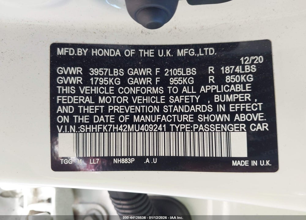 2021 HONDA CIVIC SPORT VIN: SHHFK7H42MU409241