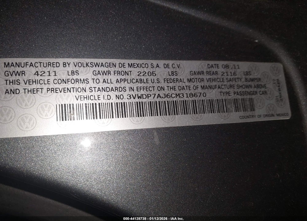 2012 VOLKSWAGEN JETTA 2.5L SE VIN: 3VWDP7AJ6CM318670