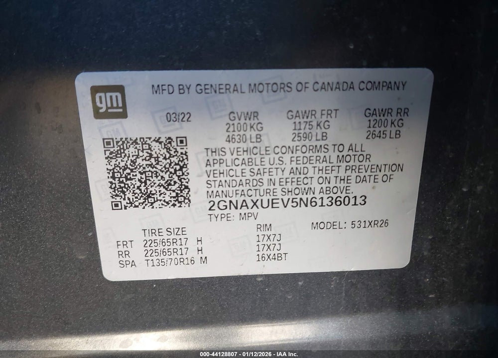 2022 CHEVROLET EQUINOX AWD LT VIN: 2GNAXUEV5N6136013