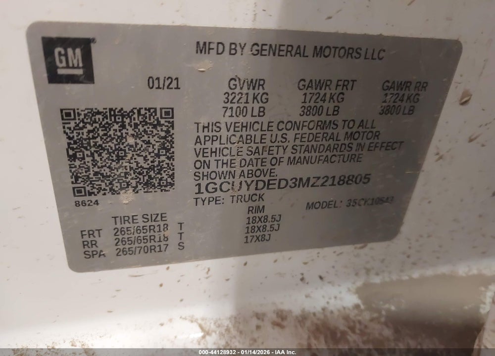 2021 CHEVROLET SILVERADO 1500 4WD  SHORT BED LT VIN: 1GCUYDED3MZ218805