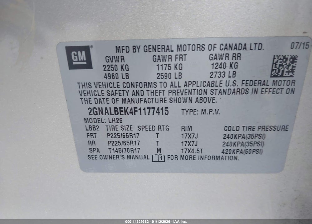 2015 CHEVROLET EQUINOX 1LT VIN: 2GNALBEK4F1177415