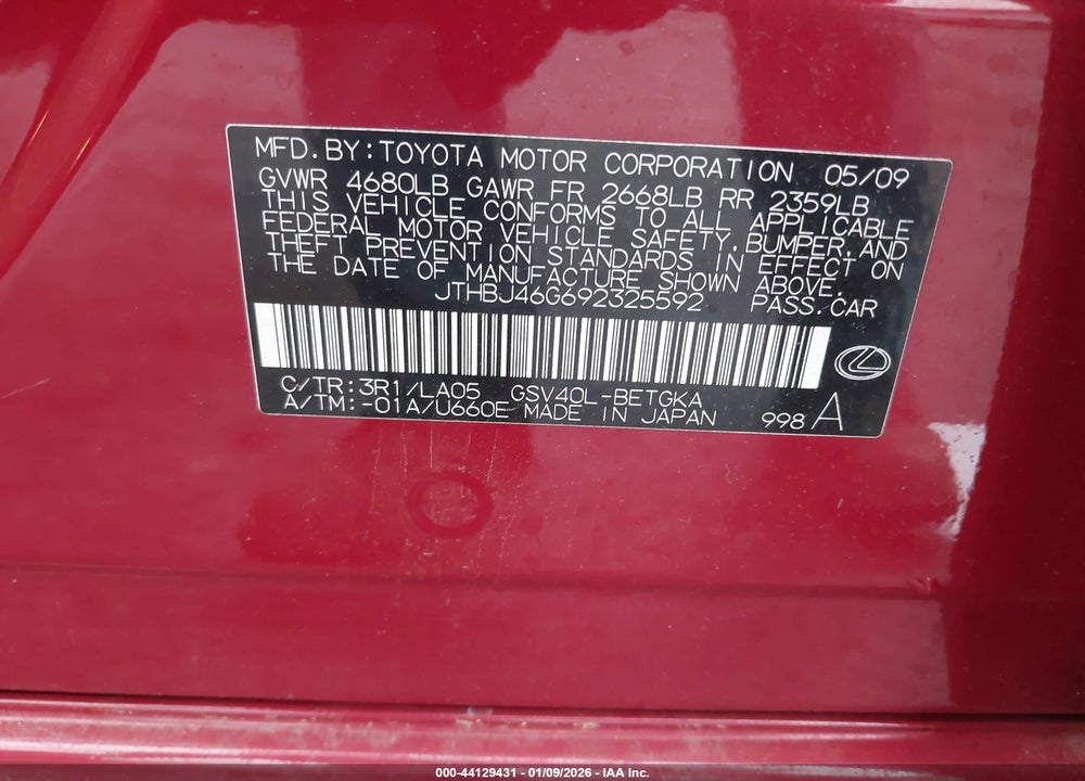 2009 LEXUS ES 350 VIN: JTHBJ46G692325592