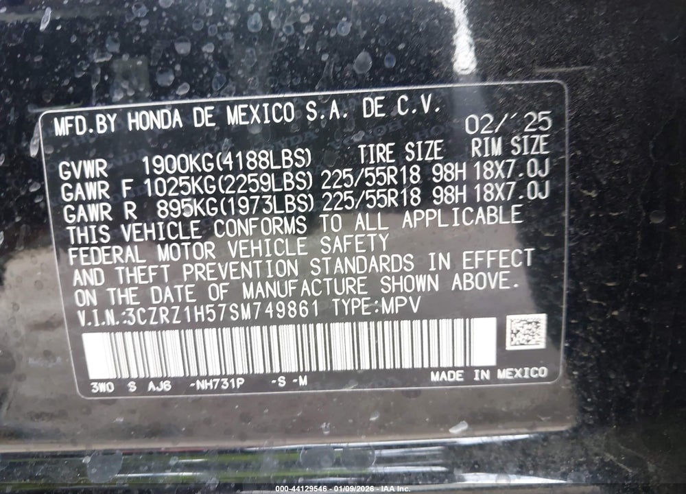 2025 HONDA HR-V 2WD SPORT VIN: 3CZRZ1H57SM749861