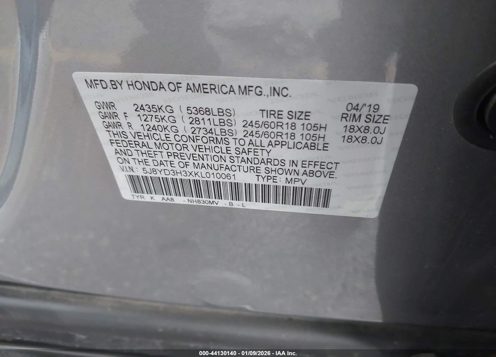 2019 ACURA MDX STANDARD VIN: 5J8YD3H3XKL010061