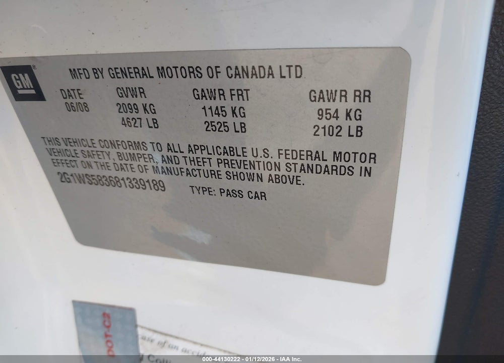 2008 CHEVROLET IMPALA POLICE VIN: 2G1WS583681339189