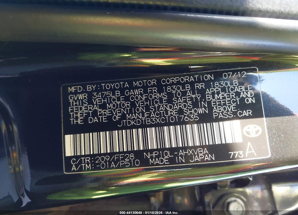 2012 TOYOTA PRIUS C TWO VIN: JTDKDTB3XC1017635