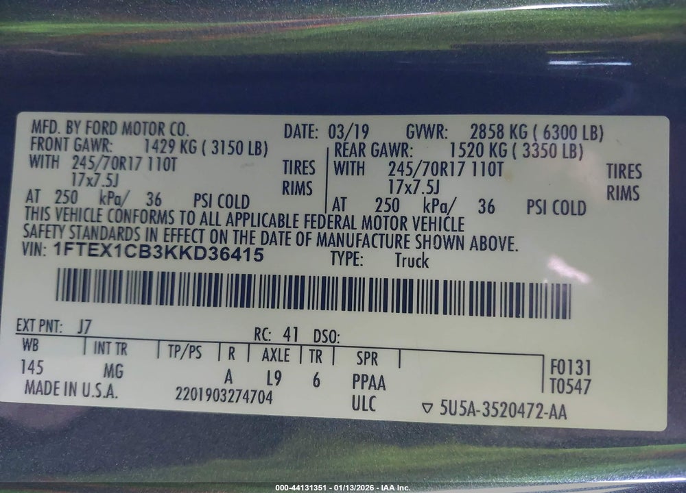 2019 FORD F-150 XLT VIN: 1FTEX1CB3KKD36415