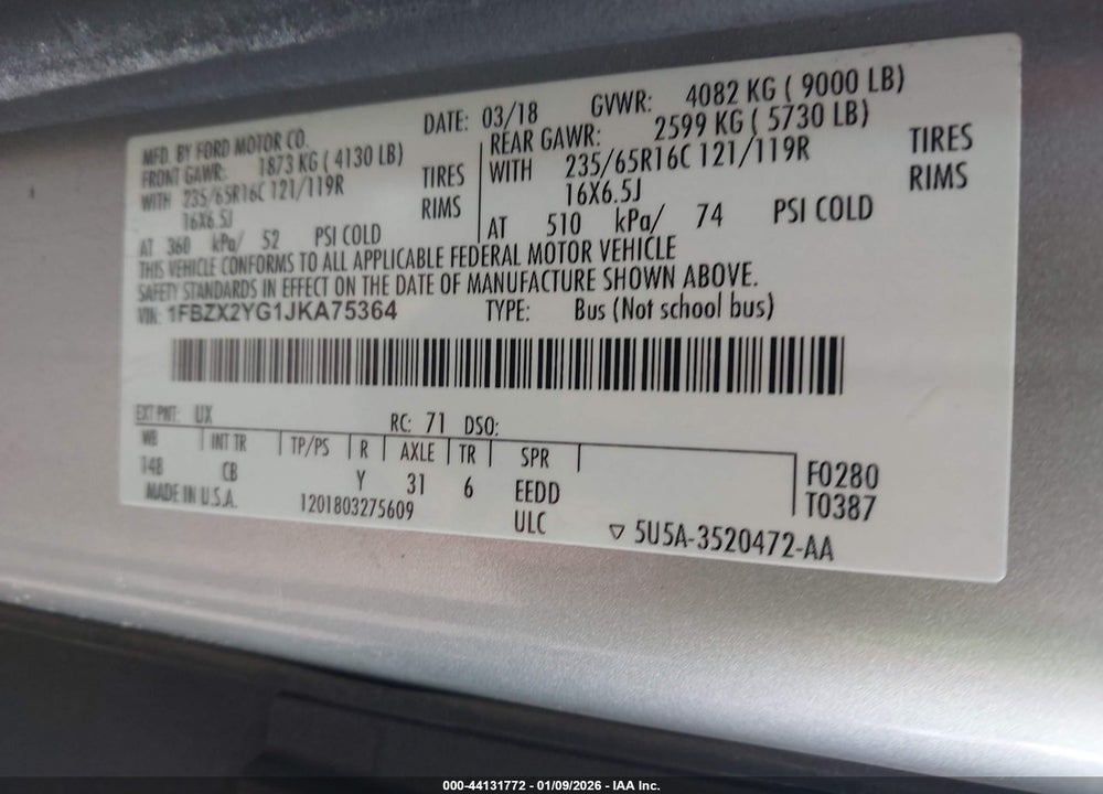 2018 FORD TRANSIT-350 XLT VIN: 1FBZX2YG1JKA75364