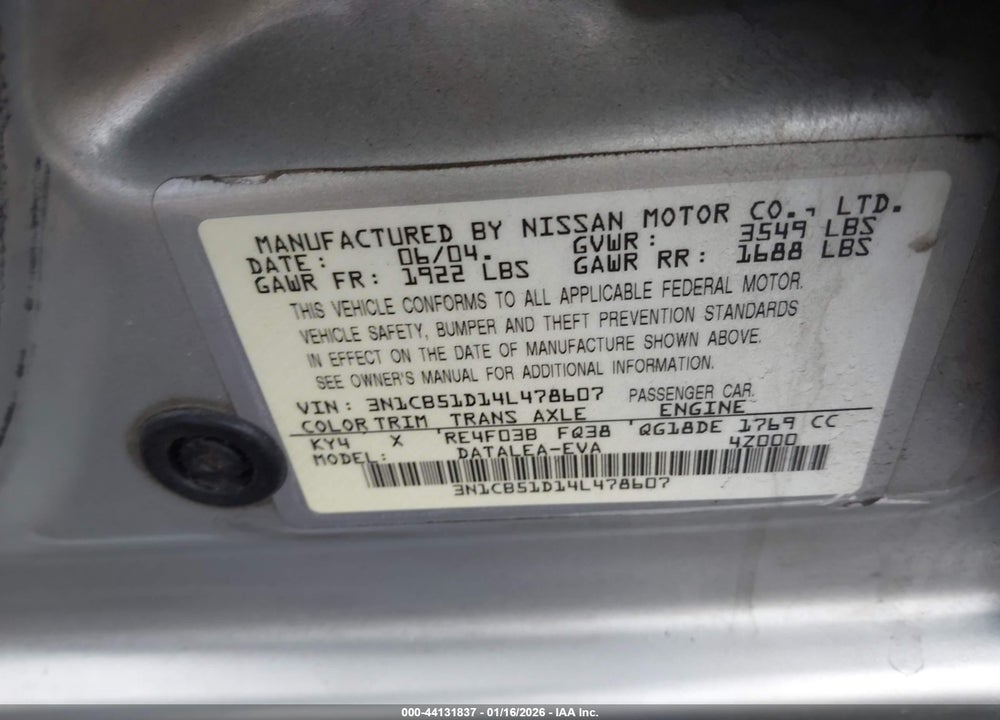 2004 NISSAN SENTRA 1.8S VIN: 3N1CB51D14L478607