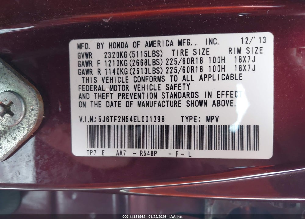 2014 HONDA CROSSTOUR EX-L V6 VIN: 5J6TF2H54EL001398