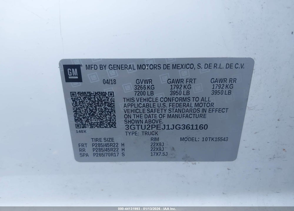 2018 GMC SIERRA 1500 DENALI VIN: 3GTU2PEJ1JG361160