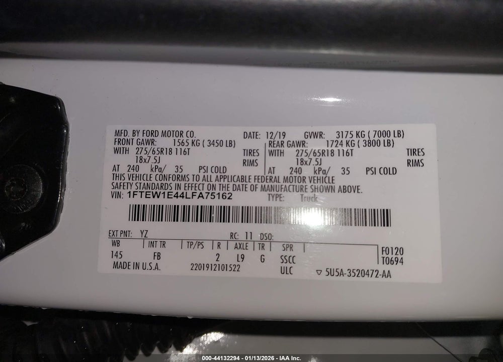 2020 FORD F-150 XLT VIN: 1FTEW1E44LFA75162