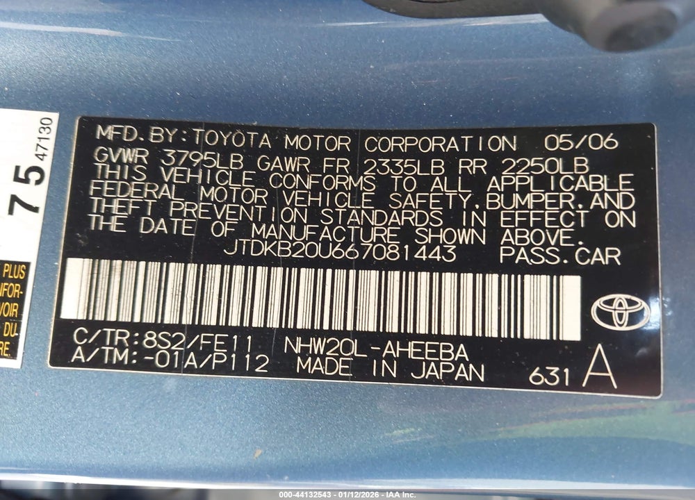 2006 TOYOTA PRIUS VIN: JTDKB20U667081443