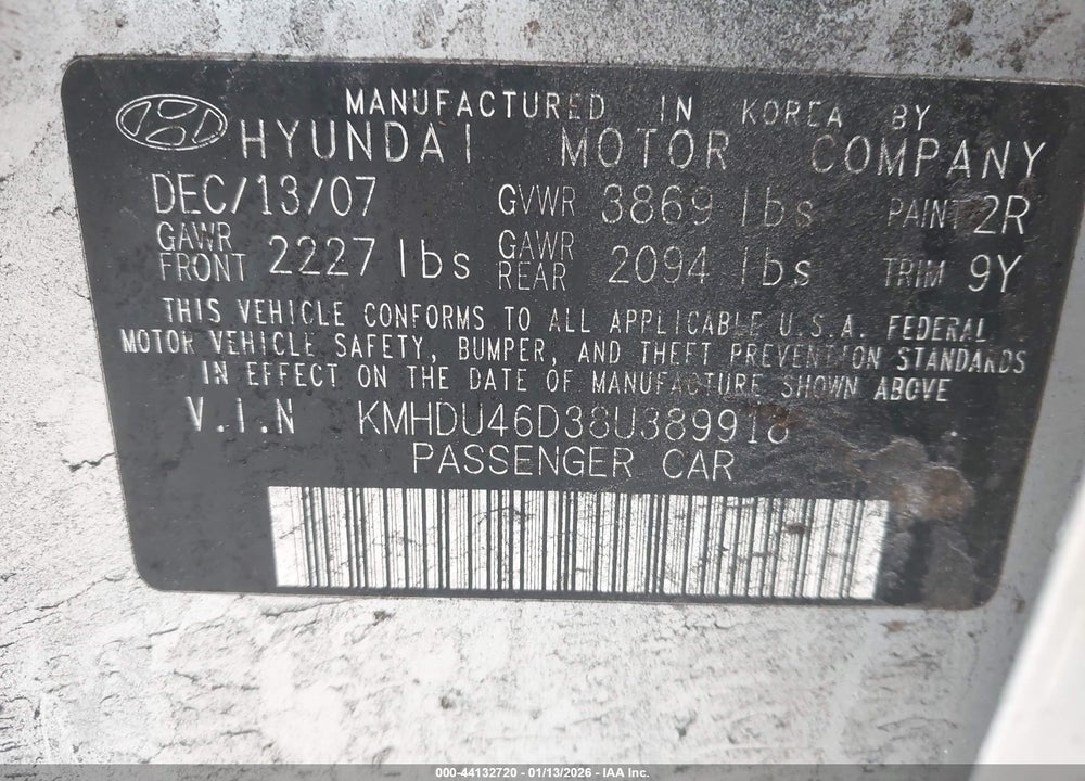 2008 HYUNDAI ELANTRA GLS/SE VIN: KMHDU46D38U389918