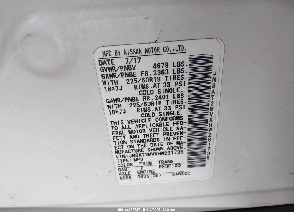 2017 NISSAN ROGUE SL VIN: JN8AT2MVXHW281735