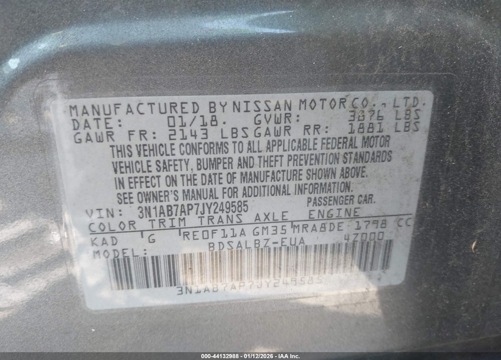 2018 NISSAN SENTRA S VIN: 3N1AB7AP7JY249585