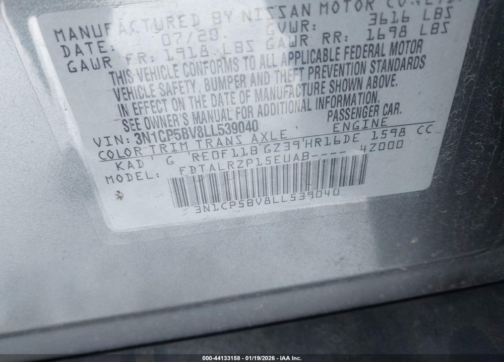 2020 NISSAN KICKS S XTRONIC CVT VIN: 3N1CP5BV8LL539040