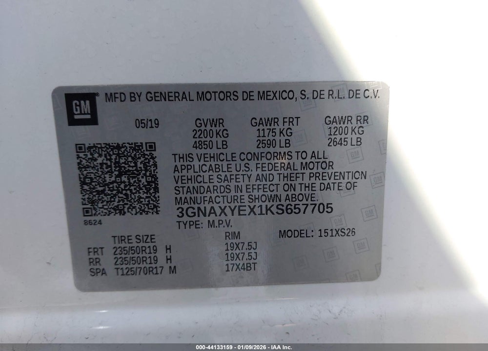 2019 CHEVROLET EQUINOX PREMIER VIN: 3GNAXYEX1KS657705