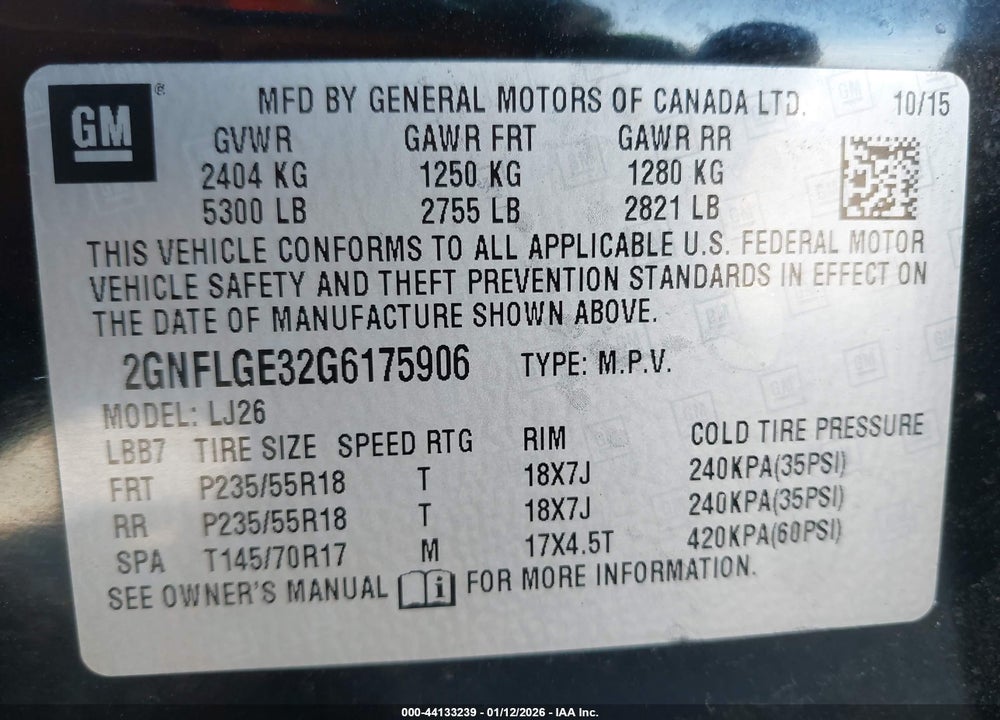 2016 CHEVROLET EQUINOX LTZ VIN: 2GNFLGE32G6175906