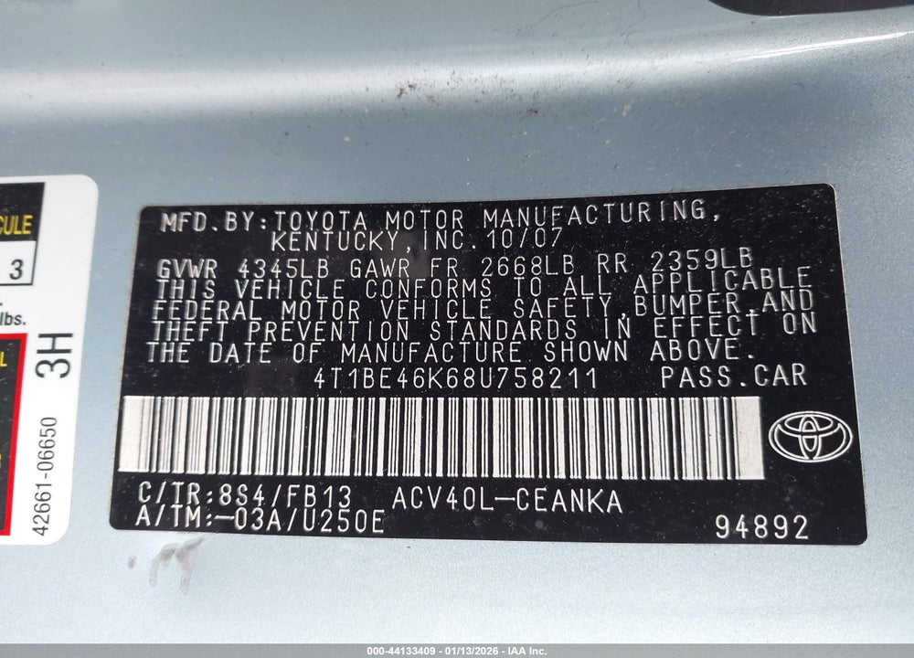 2008 TOYOTA CAMRY LE VIN: 4T1BE46K68U758211