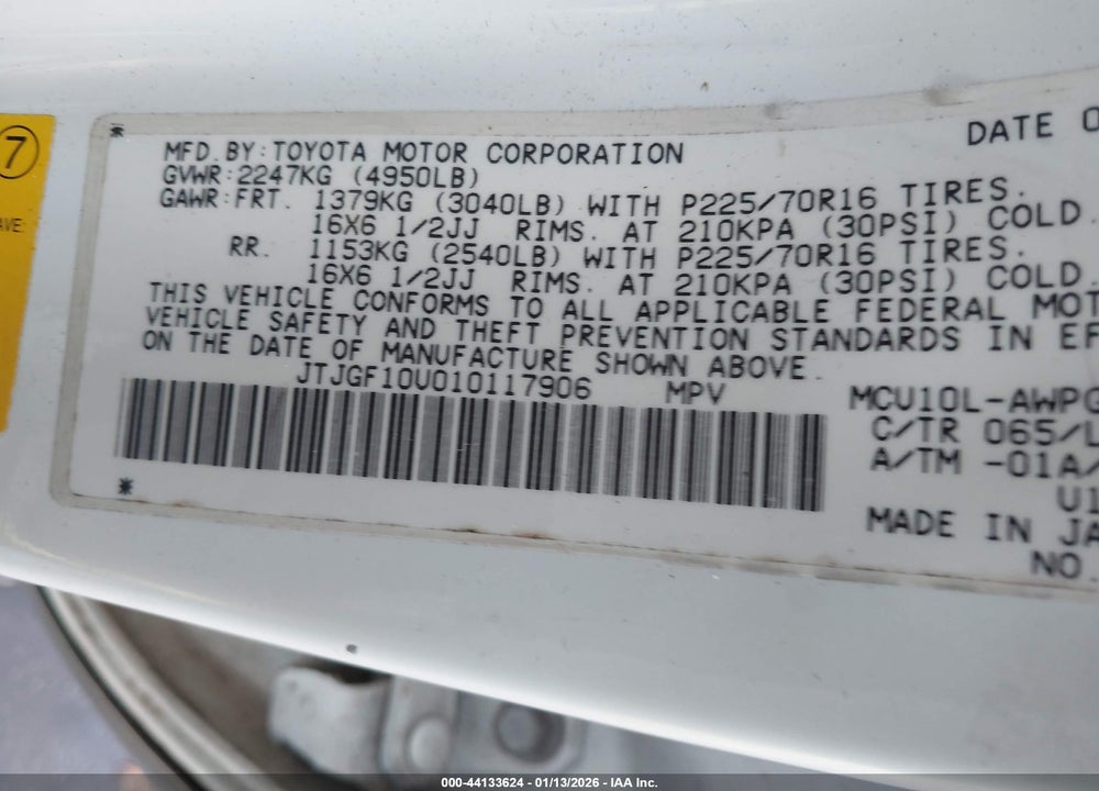 2001 LEXUS RX 300 VIN: JTJGF10U010117906