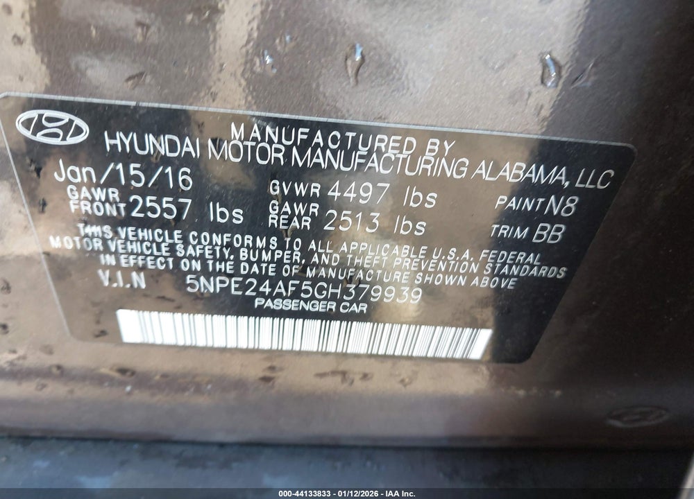 2016 HYUNDAI SONATA SE VIN: 5NPE24AF5GH379939