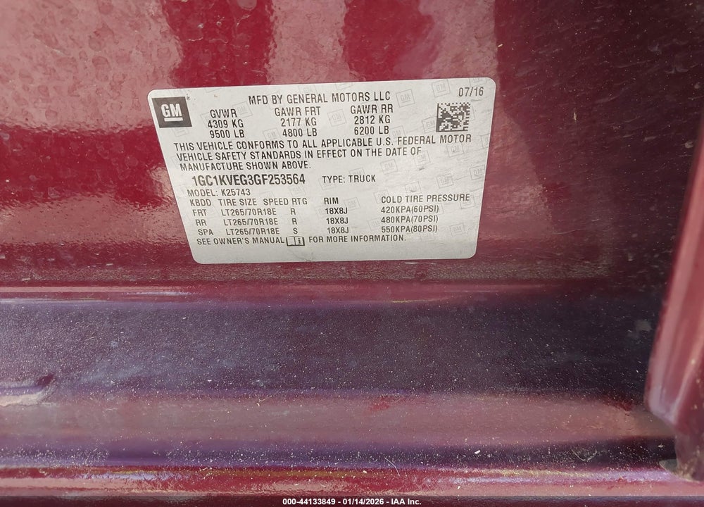 2016 CHEVROLET SILVERADO 2500HD LT VIN: 1GC1KVEG3GF253564