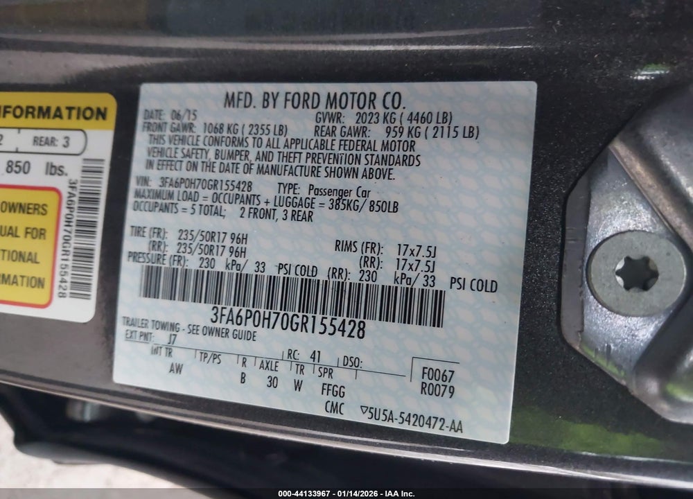2016 FORD FUSION SE VIN: 3FA6P0H70GR155428