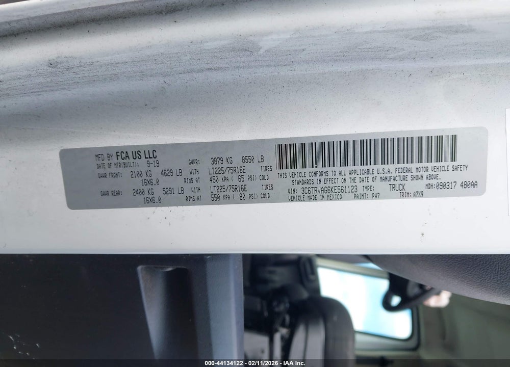 2019 RAM PROMASTER 1500 LOW ROOF 136 WB VIN: 3C6TRVAG6KE561123