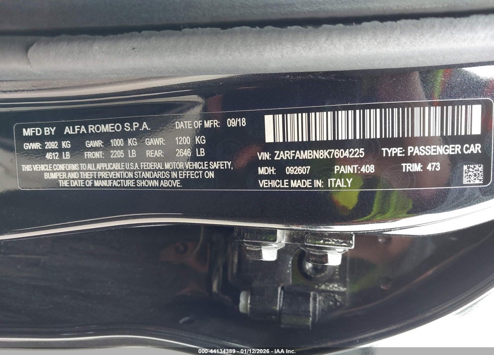 2019 ALFA ROMEO GIULIA TI SPORT RWD VIN: ZARFAMBN8K7604225