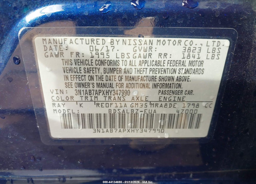 2017 NISSAN SENTRA S VIN: 3N1AB7APXHY347990