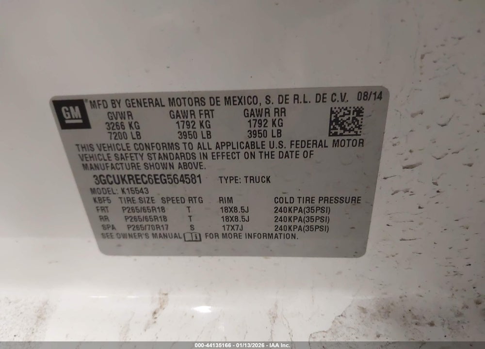 2014 CHEVROLET SILVERADO 1500 1LT VIN: 3GCUKREC6EG564581