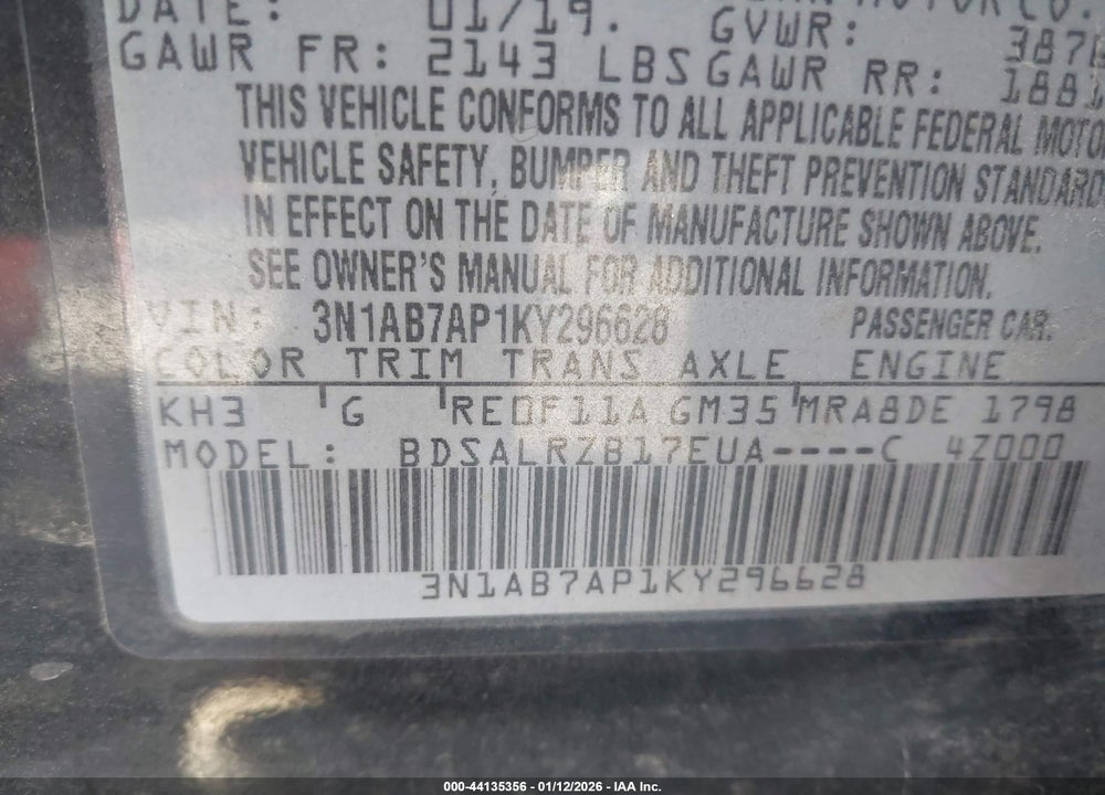 2019 NISSAN SENTRA SR VIN: 3N1AB7AP1KY296628