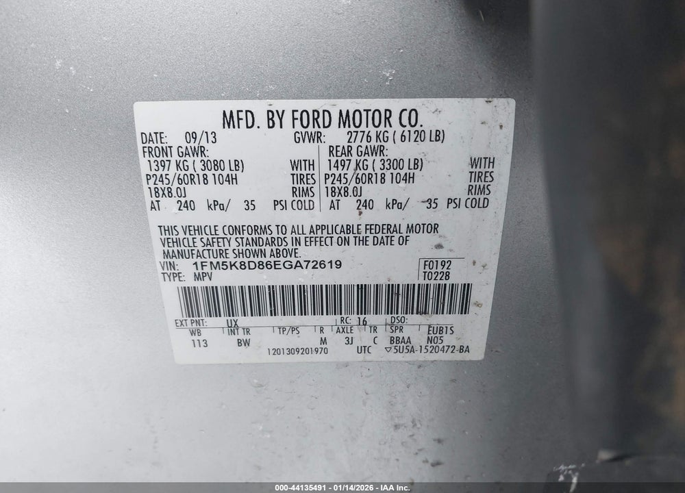 2014 FORD EXPLORER XLT VIN: 1FM5K8D86EGA72619