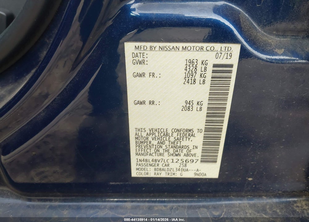 2020 NISSAN ALTIMA S FWD VIN: 1N4BL4BV7LC125697