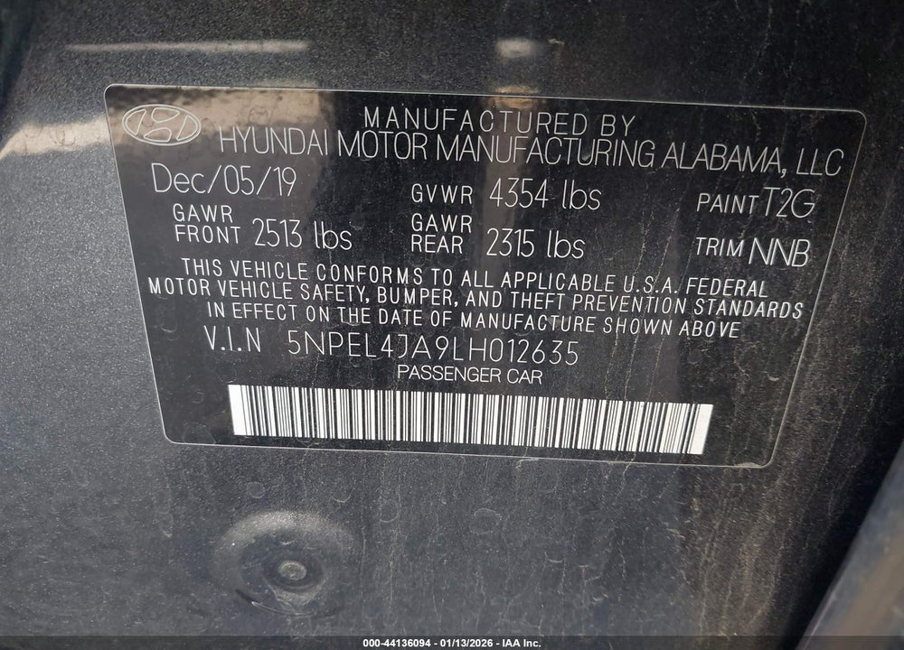 2020 HYUNDAI SONATA SEL VIN: 5NPEL4JA9LH012635