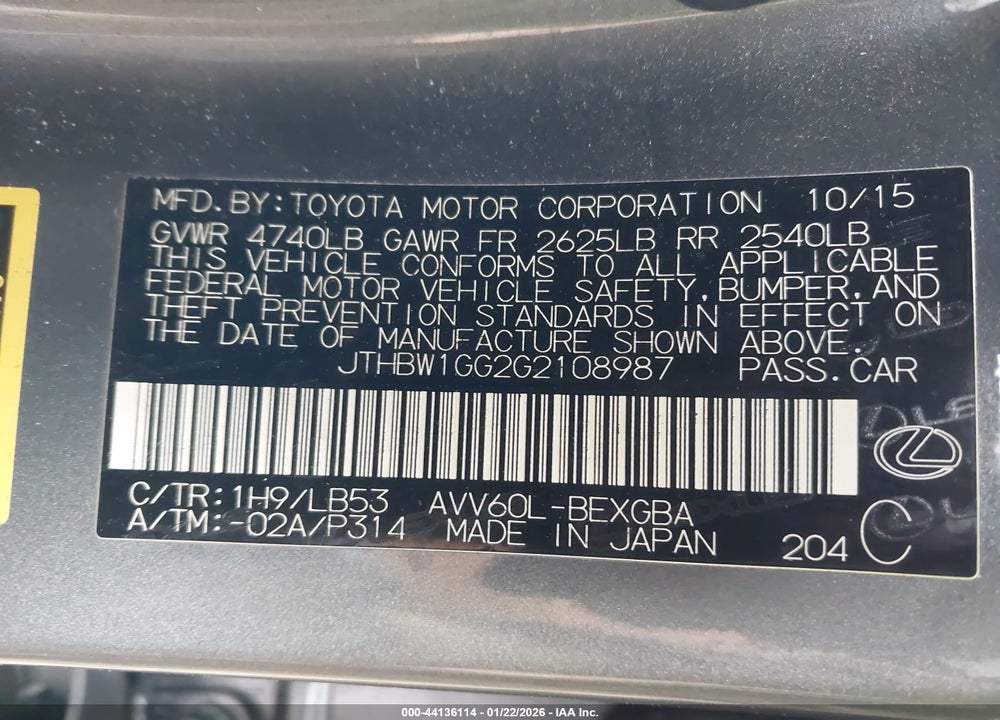 2016 LEXUS ES 300H VIN: JTHBW1GG2G2108987