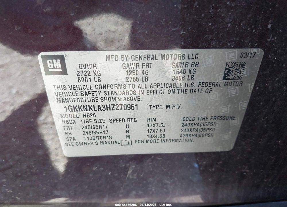 2017 GMC ACADIA SLE-1 VIN: 1GKKNKLA3HZ270961
