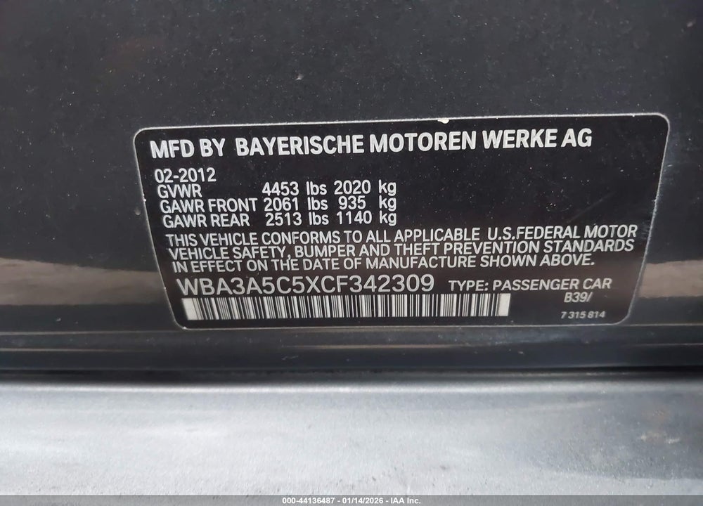 2012 BMW 328I VIN: WBA3A5C5XCF342309
