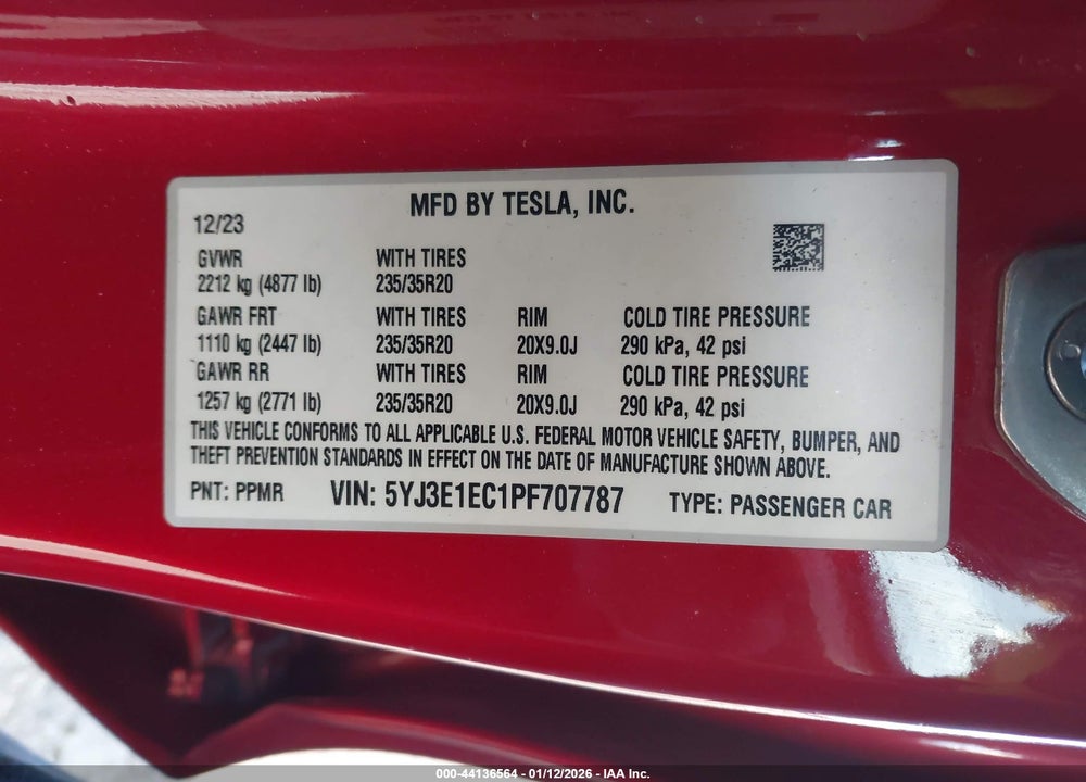 2023 TESLA MODEL 3 PERFORMANCE DUAL MOTOR ALL-WHEEL DRIVE VIN: 5YJ3E1EC1PF707787