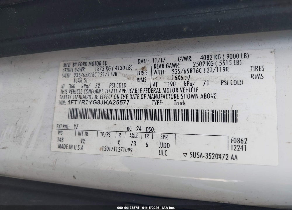 2018 FORD TRANSIT-250 VIN: 1FTYR2YG8JKA25577