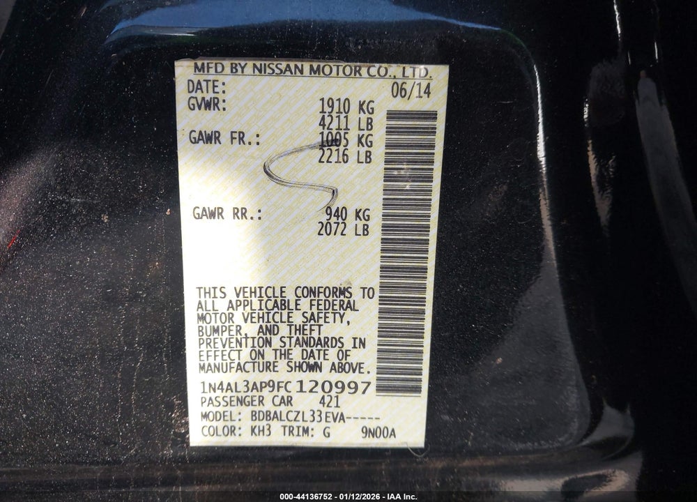 2015 NISSAN ALTIMA 2.5/2.5 S/2.5 SL/2.5 SV VIN: 1N4AL3AP9FC120997
