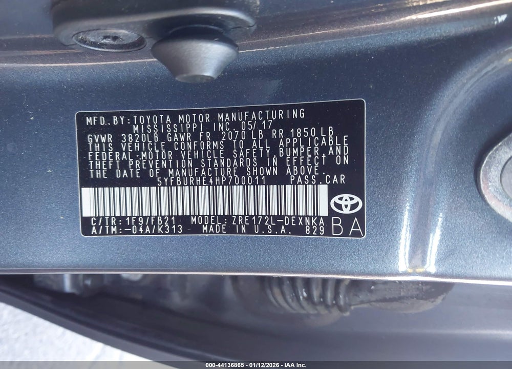 2017 TOYOTA COROLLA LE VIN: 5YFBURHE4HP700011