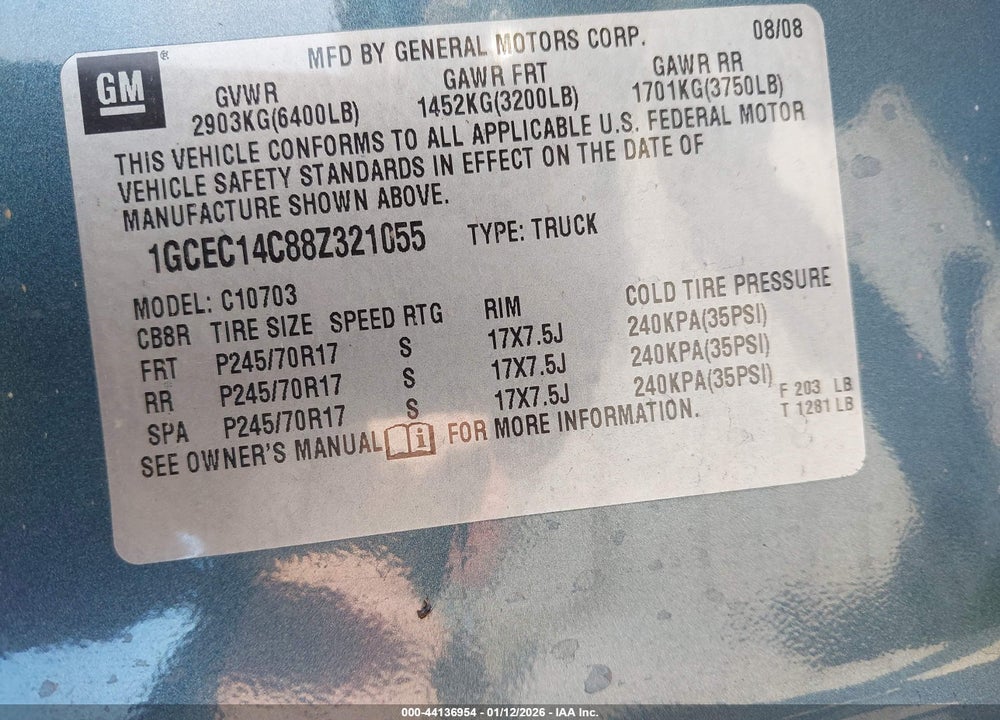 2008 CHEVROLET SILVERADO 1500 WORK TRUCK VIN: 1GCEC14C88Z321055