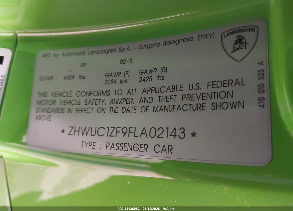 2015 LAMBORGHINI HURACAN LP610-4 VIN: ZHWUC1ZF9FLA02143